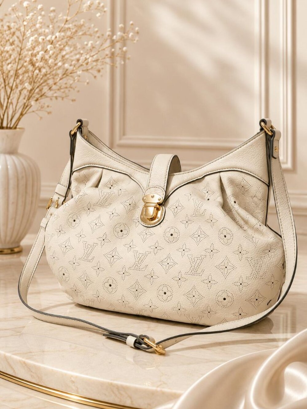 Authentic Louis Vuitton Mahina XS Hobo Bag Ivory Leather Perforated Monogram